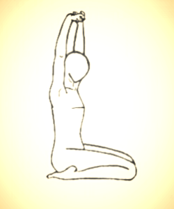 Virasana   means hero pose. Use height (a blanket or block) under your hips if they don't reach the floor comfortably. Stretch the hands overhead or rest them by your side. Make sure the spine remains long and straight.